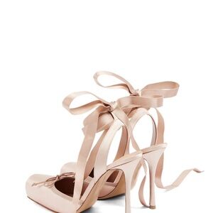 Satin Ankle-Tie Stiletto Heels in Light Pink